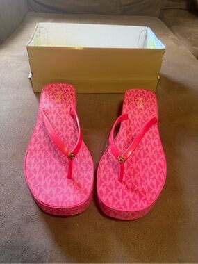 Michael Kors Hot Pink MK Logo Platform Flip Flops with Gold Charm